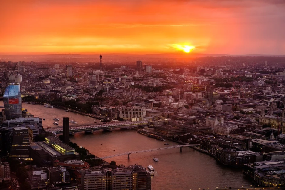 Sunset wall mural of London skyline FP 4626 - Graphic design with orange and red hues in the sky.