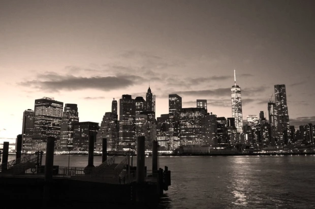 Manhattan night wall mural FP 4702 - Graphic design featuring a skyline view of New York with skyscrapers and water.
