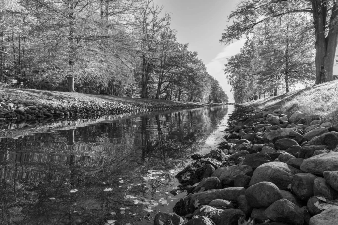 Rocky riverbank wallpaper FP 4886 - Graphic design featuring stones, water, and trees in the background.