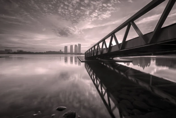 Wall mural of a bridge reflected in calm water FP 4896 - Graphic design. Rectangular bridge with reflection.
