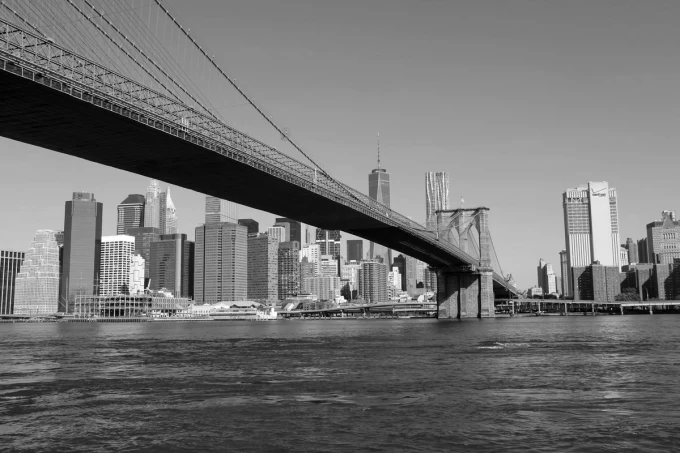 Brooklyn Bridge wall mural FP 4912 - Graphic design featuring the bridge with large cables and modern buildings in the background.