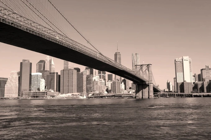 Brooklyn Bridge wall mural FP 4912 - Graphic design featuring the bridge with suspension cables over a city in gray tones.