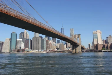 Brooklyn Bridge wall mural FP 4912 - Graphic design featuring a metal bridge over water with skyscrapers and sky in the background.