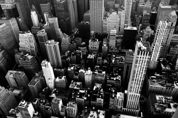 Black and white city skyline wallpaper FP 4935 - Graphic design featuring a densely built urban landscape.
