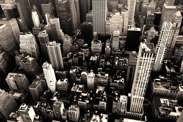 Black and white city skyline wallpaper FP 4935 - Graphic design featuring tall buildings in various shapes.