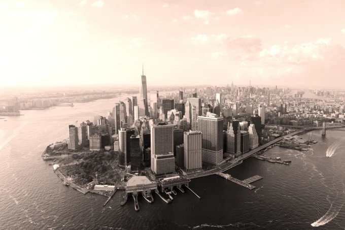 New York wall mural aerial view FP 4937 - Graphic design featuring skyscrapers, river, and clouds.
