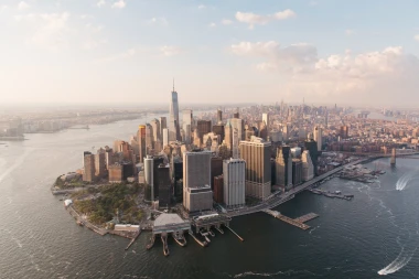New York wall mural aerial view FP 4937 - Graphic pattern. City with skyscrapers, river, and clouds.