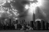 Wall mural of sunlight rays on a city skyline FP 4931 - Graphic design. Black and white city panorama.