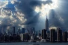 Wall mural of sun rays shining on a city skyline FP 4931 - Graphic design featuring tall buildings.