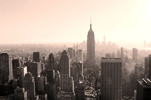 Wall mural of morning fog over New York FP 4952 - Graphic design. Gray buildings in a misty landscape.