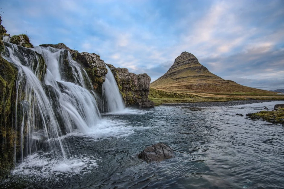 Waterfall wall mural FP 5098 - Graphic design featuring water cascading over stones surrounded by greenery and mountains.