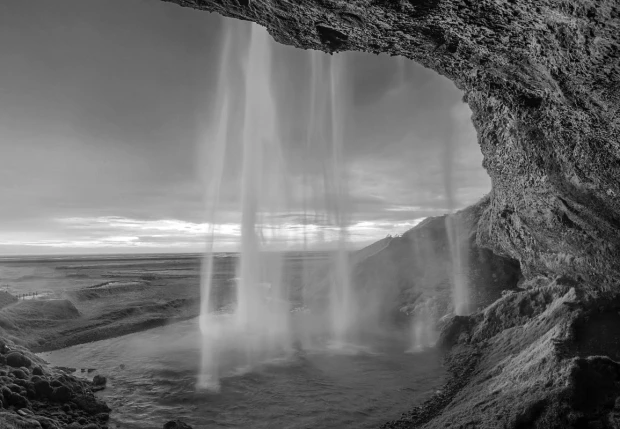 Waterfall canyon wall mural FP 5105 - Graphic design. Water cascades from a high rock, creating mist.