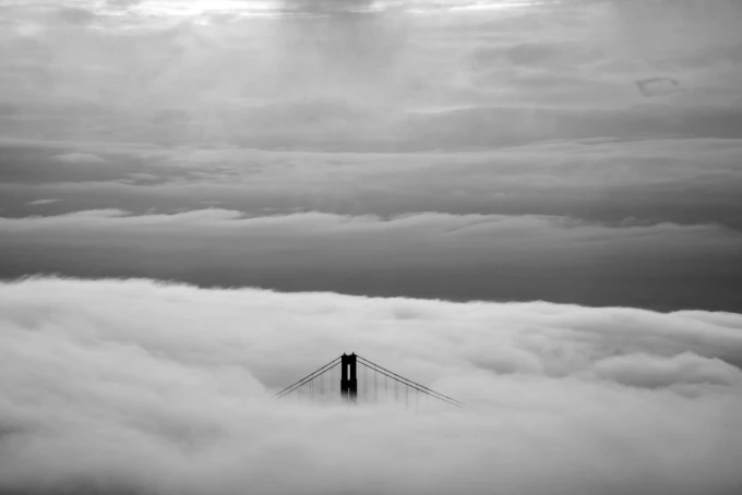 Wall mural of a bridge above the clouds FP 5347 - Graphic design. Bridge in clouds on a gray-white background.