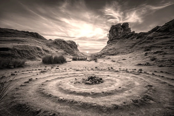 Green meadow wall mural FP 5345 - Graphic design featuring a stone circle on grass surrounded by hills.