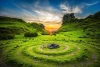 Green meadow wall mural FP 5345 - Graphic design featuring stone circles in green grass under a setting sun.