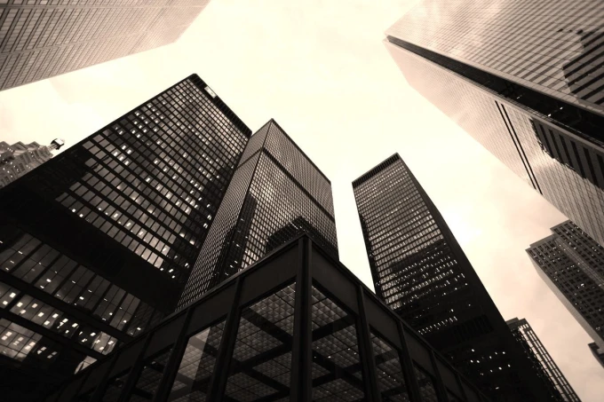 Wall mural skyscrapers FP 5446 - Graphic design. View of tall buildings from below, in shades.