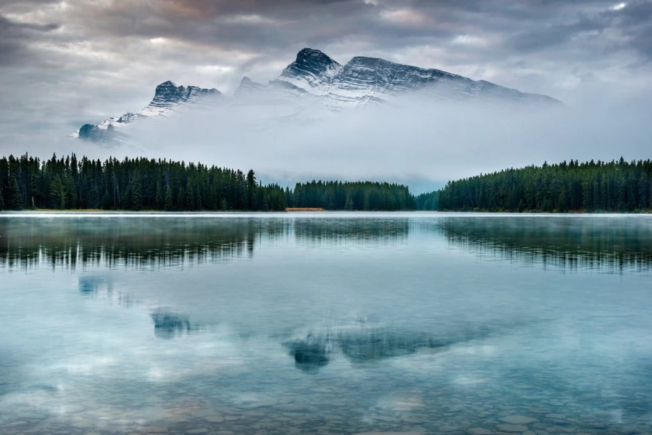 Mountain frozen lake wallpaper FP 5459 - Graphic design featuring a lake with a mountain backdrop and forest.