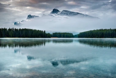 Mountain frozen lake wallpaper FP 5459 - Graphic design featuring a lake with a mountain backdrop and forest.