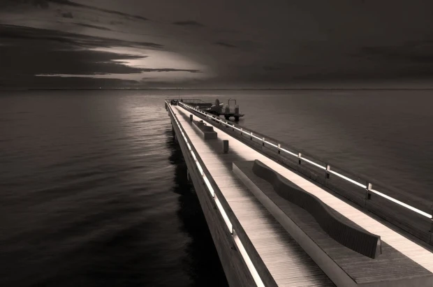 Wall mural of a pier at night FP 5444 - Living room arrangement with gray walls and minimalist furniture.