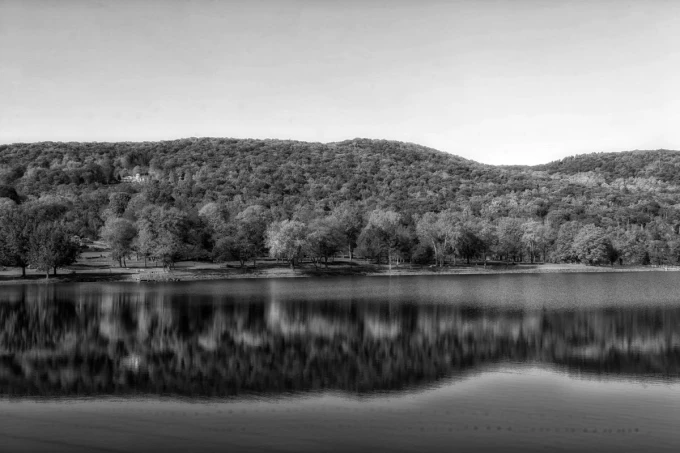 Autumn beauty wall mural FP 5516 - Graphic design. View of a lake with reflections of trees and hills.