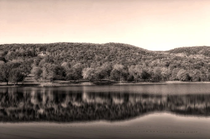 Autumn beauty wall mural FP 5516 - Graphic design featuring a lake with reflections of trees and hills in the background.