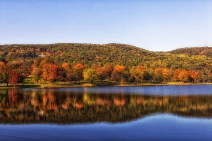 Autumn beauty wall mural FP 5516 - Graphic design. Colorful tree leaves reflected in water.