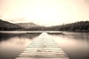 Wooden pier wall mural FP 5695 - Graphic design. The pier leads to a lake surrounded by forest and mountains.