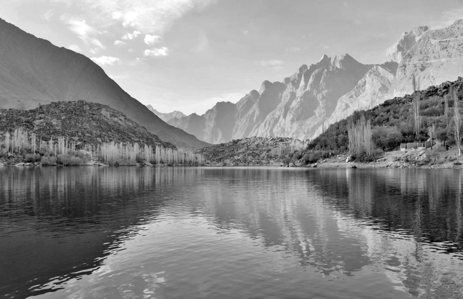 Autumn lake wall mural FP 5731 - Graphic design featuring mountains, a lake, and reflections in the water.