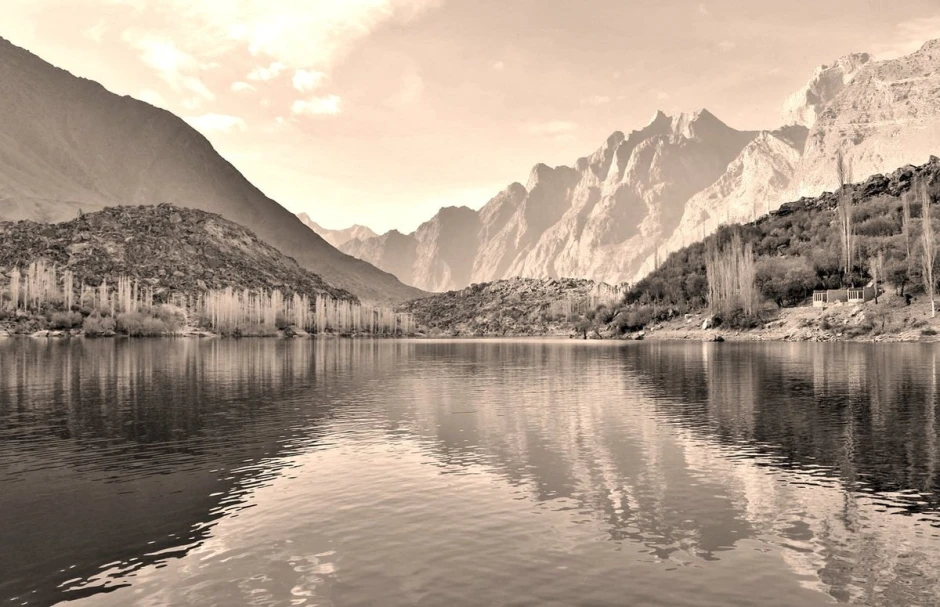 Autumn lake wall mural FP 5731 - Graphic design featuring mountains, a lake, and trees in the background.