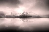 Foggy mountain view wall mural FP 5745 - Graphic design. Mountain peaks reflected in water, surrounded by mist.