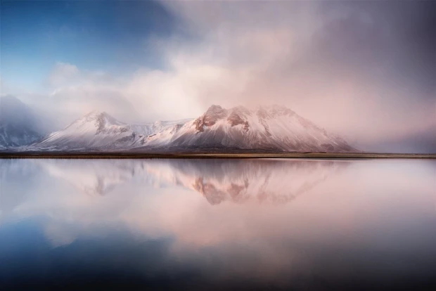 Foggy mountain view wall mural FP 5745 - Graphic design. Mountains in clouds reflected in water.