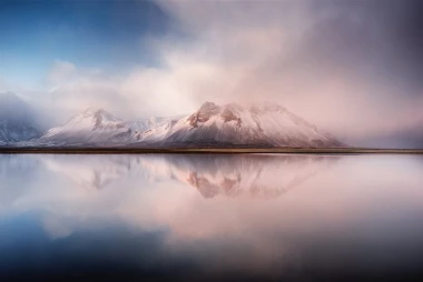 Foggy mountain view wall mural FP 5745 - Graphic design. Mountains in clouds reflected in water.