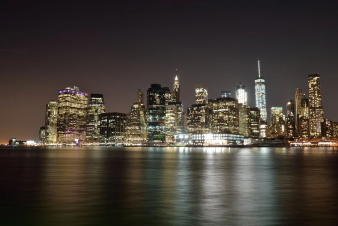 Wall mural of a still water surface in New York FP 5777 - Graphic design. View of the city skyline reflected.
