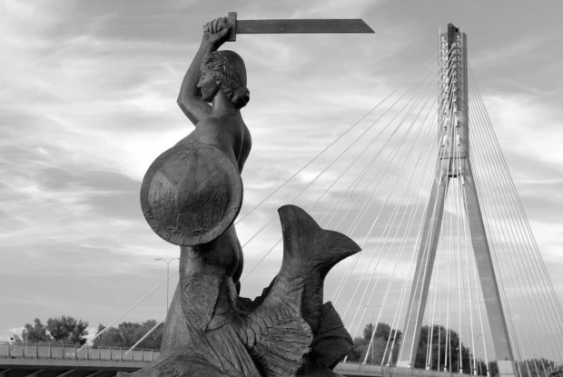 Wall mural of the Warsaw mermaid FP 5870 - Graphic design featuring a mermaid with a sword and shield, bridge in the background.