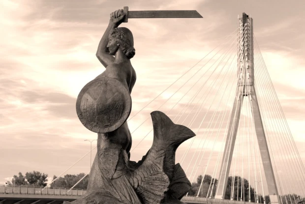 Wall mural of the Warsaw mermaid FP 5870 - Graphic design featuring a mermaid with a sword and shield, bridge in the background.