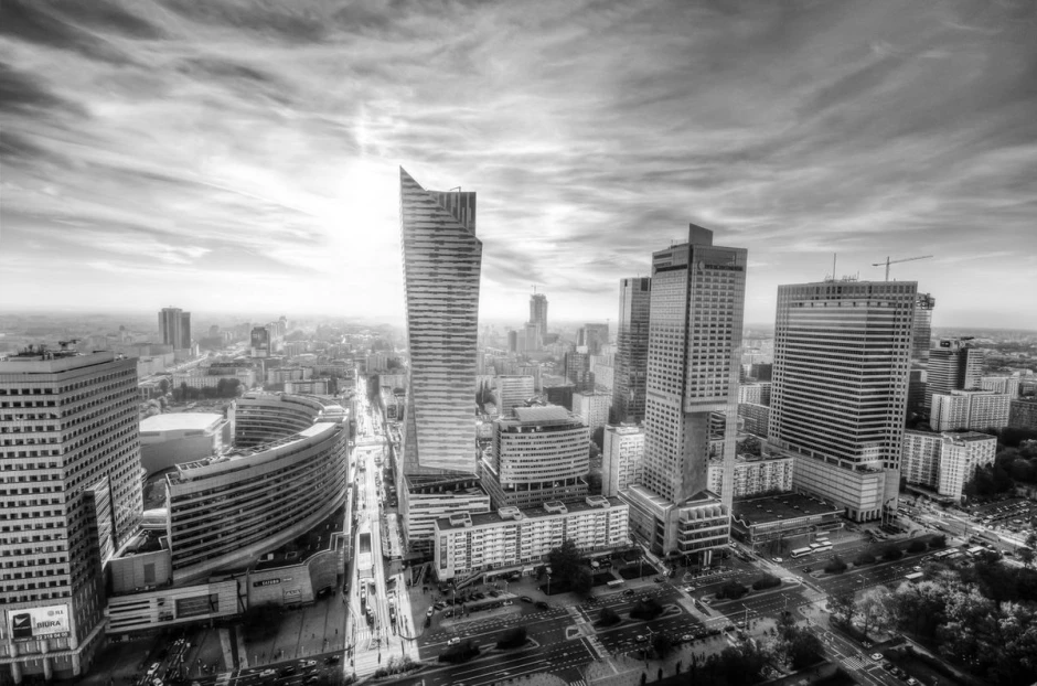Wall mural of modern skyscrapers in Warsaw FP 5895 - Graphic design. View of skyscrapers in monochrome tones.
