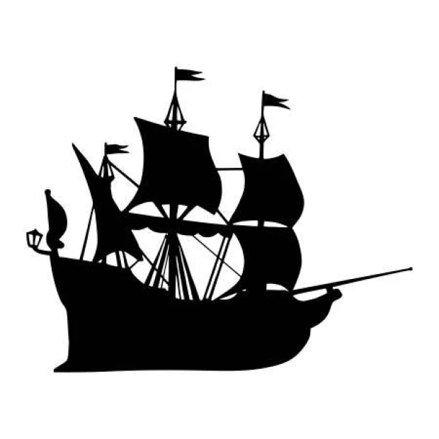 Children\'s painting template ship 2278 - Graphic design. Ship with three masts, flags, and sail details.