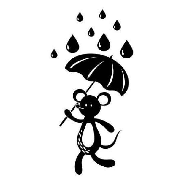 Children\'s painting template featuring a mouse holding an umbrella with raindrops above.