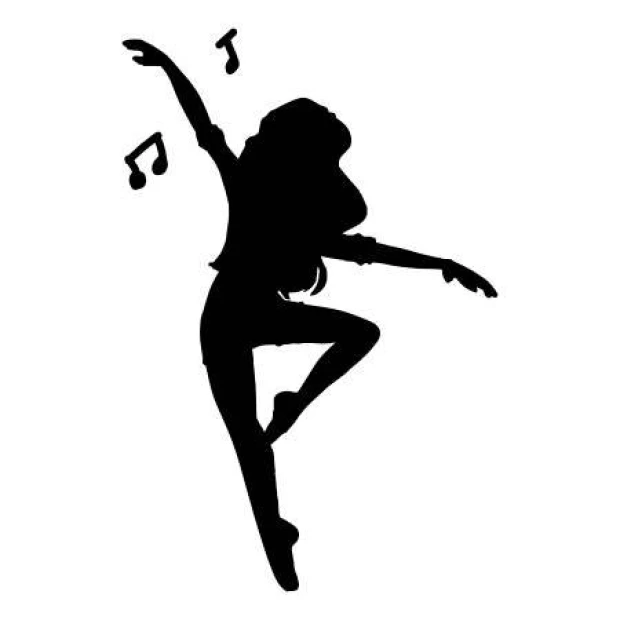 Dancing figure painting template 2257 - Graphic design of a figure in motion with raised hand and leg, next to musical notes.