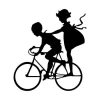 Wall template of children on bicycles 2327 - Graphic design featuring two child silhouettes, one standing behind the other.