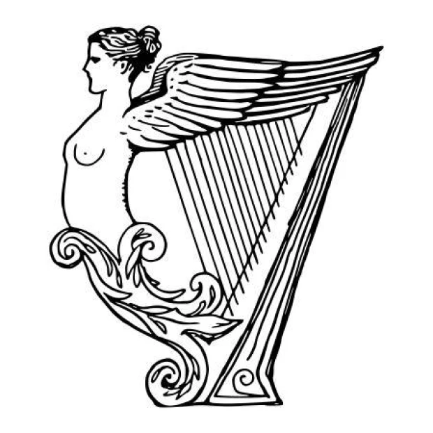 Wall template harp 2256 - Graphic design featuring a winged female figure beside a harp, adorned with wavy lines.