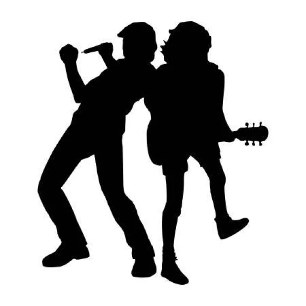 Wall template musicians 2264 - Graphic design. Two silhouettes in dynamic poses, one with a microphone, the other.