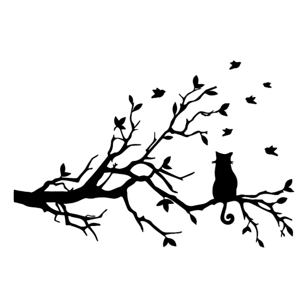 Cat painting template on a branch 2382 - Graphic design. Cat sits on a branch with birds flying around.