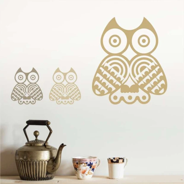 Owl painting template 2342 - Graphic design featuring three owls of different sizes with round eyes and geometric patterns.