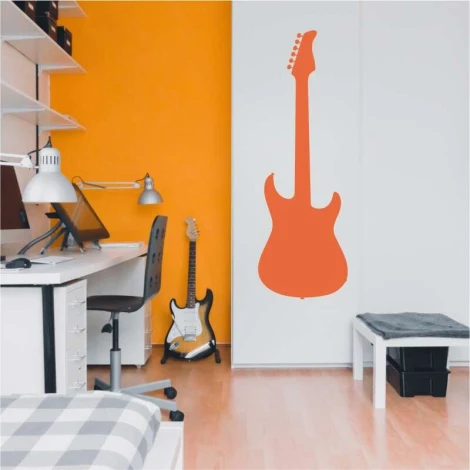 Guitar painting template 2253 - Room arrangement with orange and white walls, modern furniture.