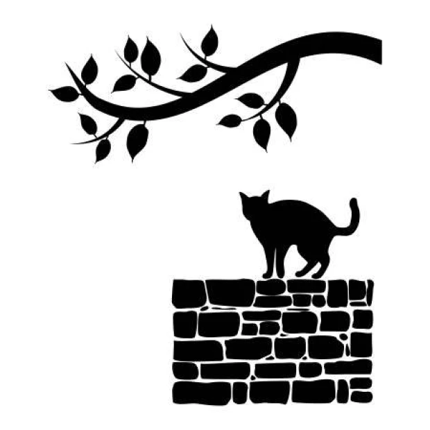 Painting template cat on a wall 2370 - Graphic design. Cat on a wall with a branch and leaves above.