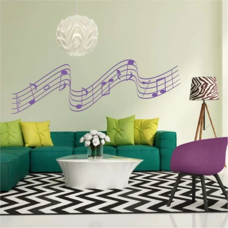 Musical notes painting template 2265 - Living room setup with light walls and furniture in shades of green and purple.