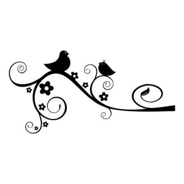 Birds on a branch painting template 2377 - Graphic design featuring two birds, flowers, and spiral lines.