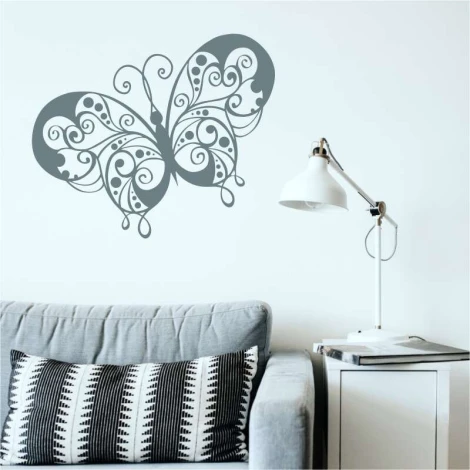 Butterfly wall template 2350 - Living room decor. Light walls, gray furniture, minimalist style.