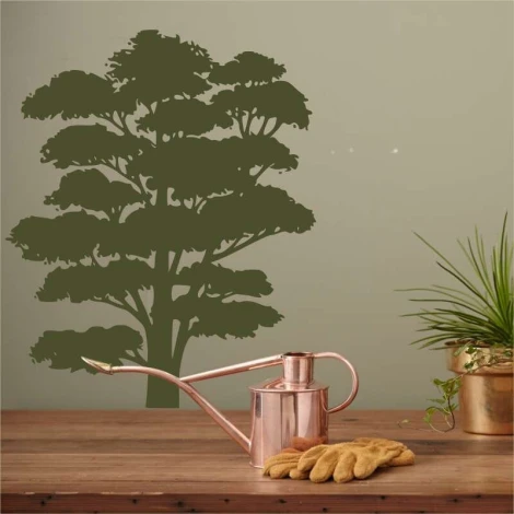 Tree painting stencil 2369 - Kitchen arrangement with green walls and wooden furniture.